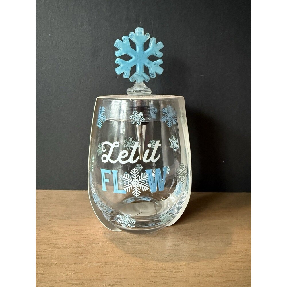 Stemless Wine Glass & Bottle Stopper NEW Blue Snowflake Art Glass "Let It Flow"